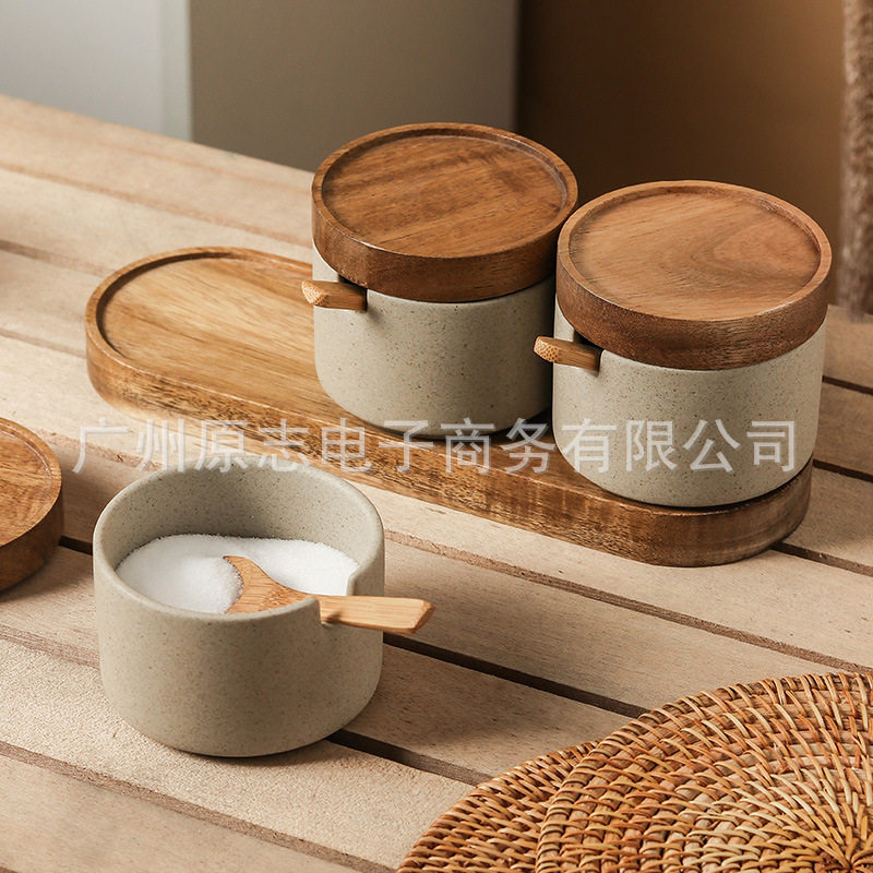 跨境复古日式厨房陶瓷调味罐调料盒套装家用三件盐罐调味料瓶托盘