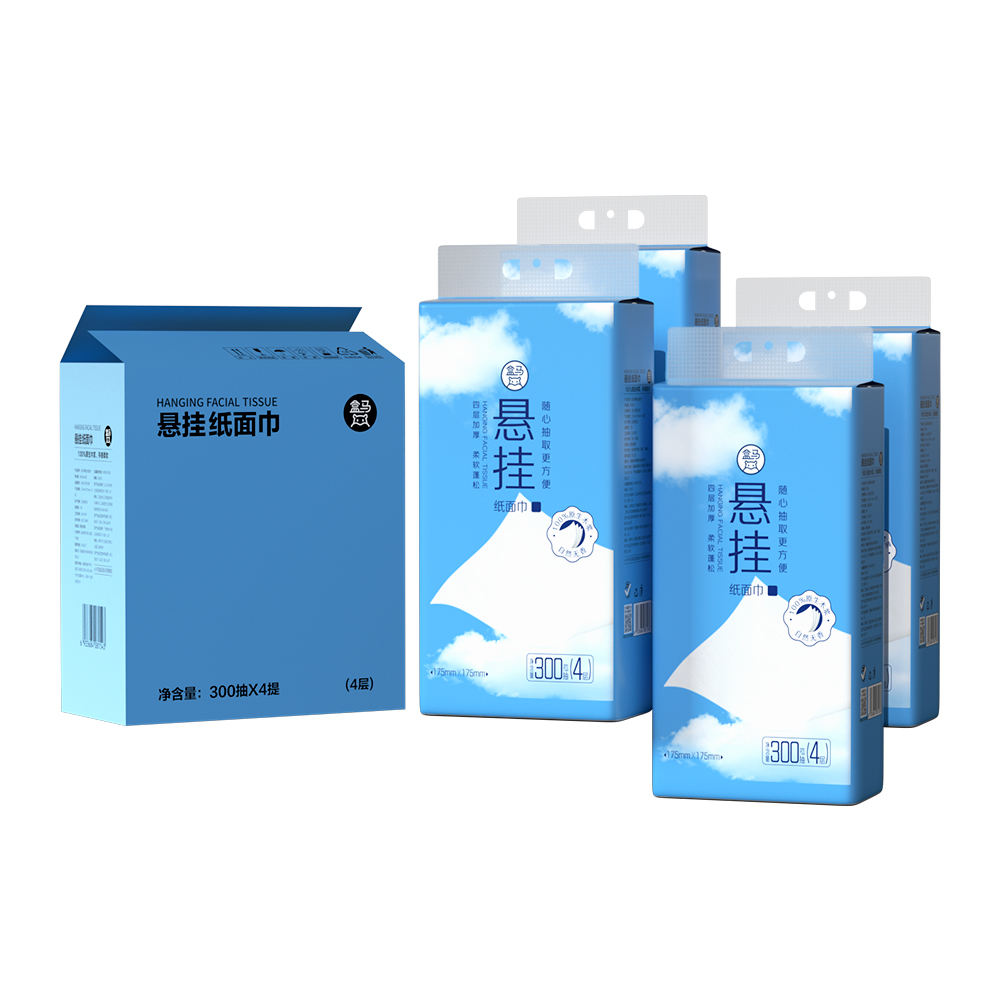 盒马 悬挂式纸面巾 300抽*4包抽纸纸巾 100%原生木浆