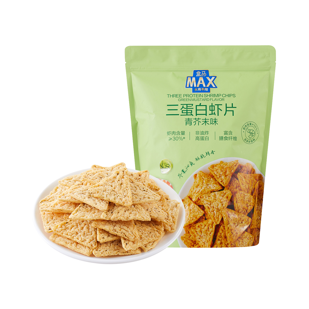 盒马MAX 三蛋白虾片青芥末味 320g虾肉零食膨化休闲食品