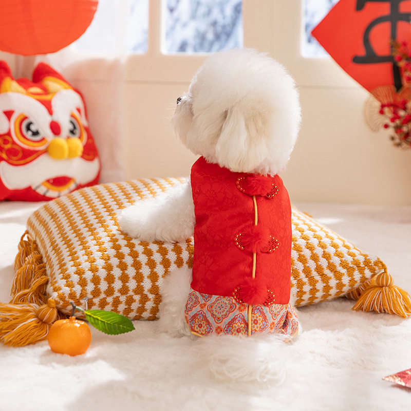 狗狗衣服泰迪新年喜庆汉服中式梅花暗纹唐装盘扣马甲过年宠物衣服