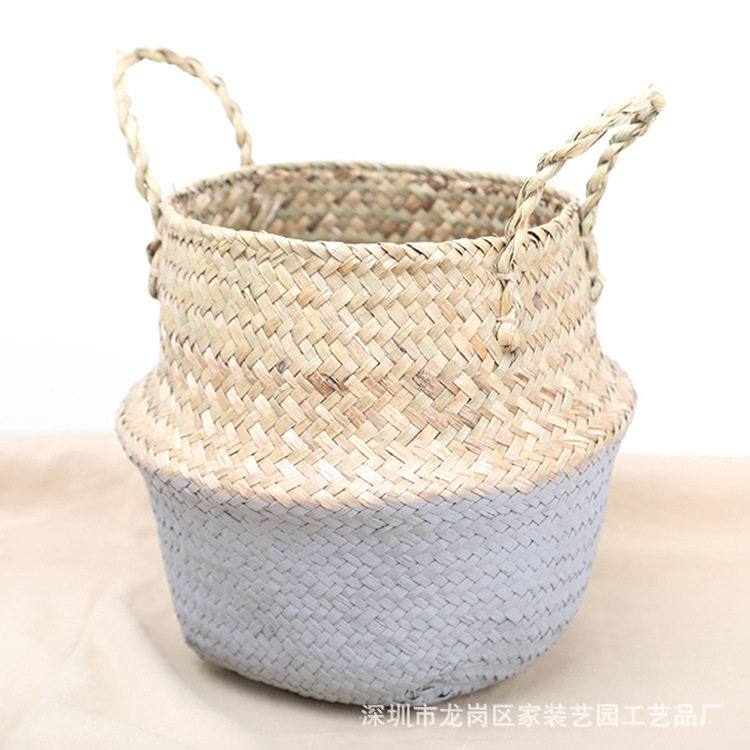 纯手工折叠海草编织篮手提植物盆栽托篮北欧花盆田园编织篮收纳篮