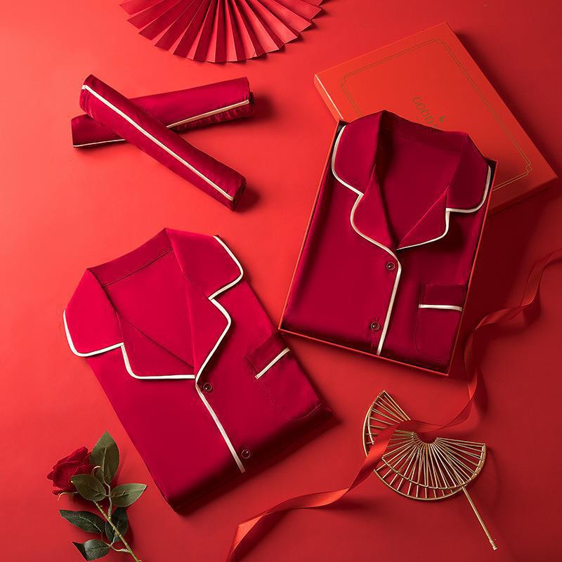 睡衣结婚新婚情侣套装高档丝绸本命年新娘新郎陪嫁红色春秋家居服