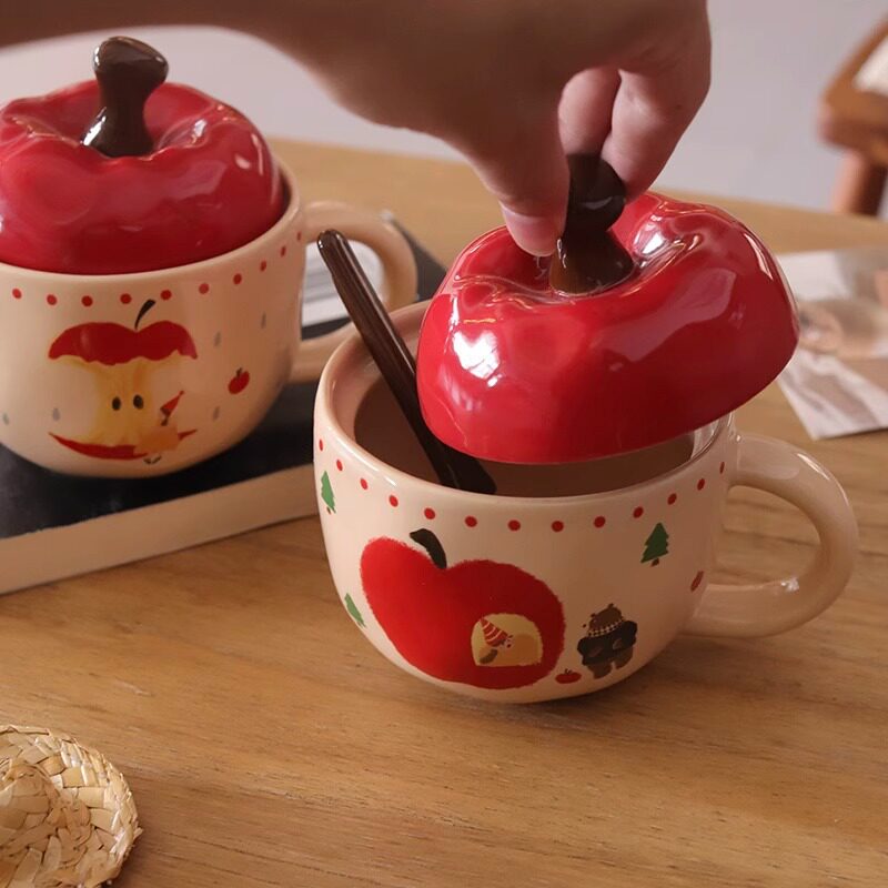 复古女孩苹果杯带盖带勺子马克杯送闺蜜生日礼物陶瓷杯家用喝水杯