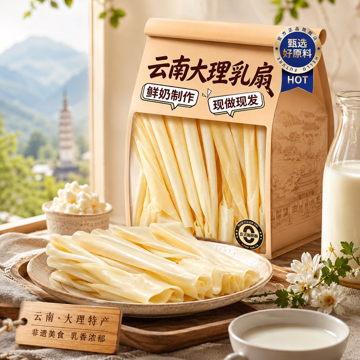 老字号大理乳扇云南特产烤乳扇玫瑰白族原味奶皮子奶皮卷奶酪即食