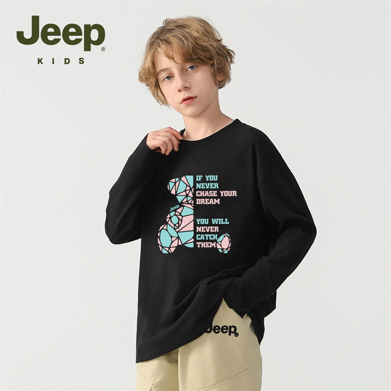 Jeep吉普童装男童T恤春装2026新款儿童纯棉长袖卡通印花黑色上衣