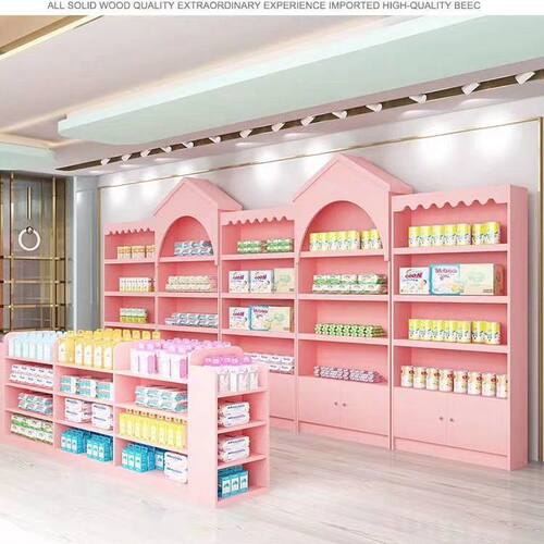 母婴店奶粉货架展示柜宠物造型尿不湿玩具孕婴童装木质靠墙背柜