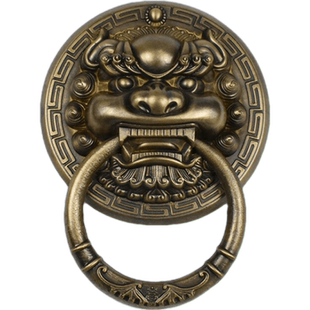中式兽头门环免打孔仿古大门纯黄铜拉手粘贴麒麟头狮子头虎头把手