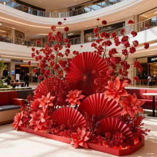 春节氛围场景布置公司酒店大堂银行厅堂跨新年纸扇花装饰美陈摆件