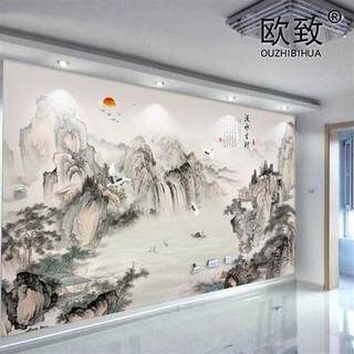 3D水墨壁纸山水电视背景墙纸流水生财壁画新中式墙画客厅沙发墙布