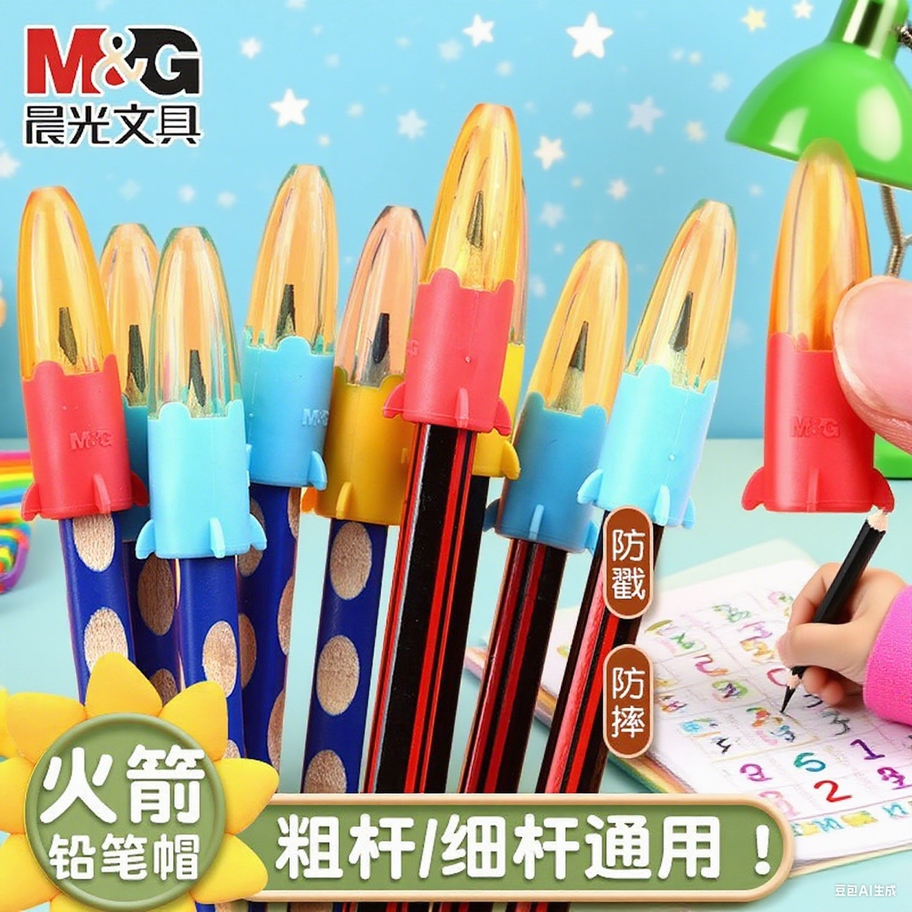 晨光铅笔帽笔套铅笔套保护套小学生铅笔延长器幼儿园儿童初学者笔盖笔帽加长器火箭笔帽通用特粗加粗洞洞笔