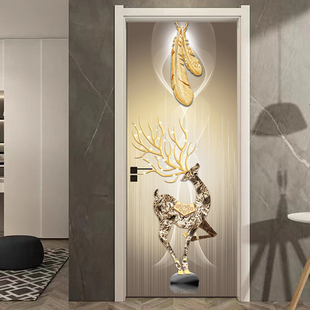 门贴纸木门翻新自粘整张新中式福字麋鹿遮丑防潮卧室房门装饰贴膜
