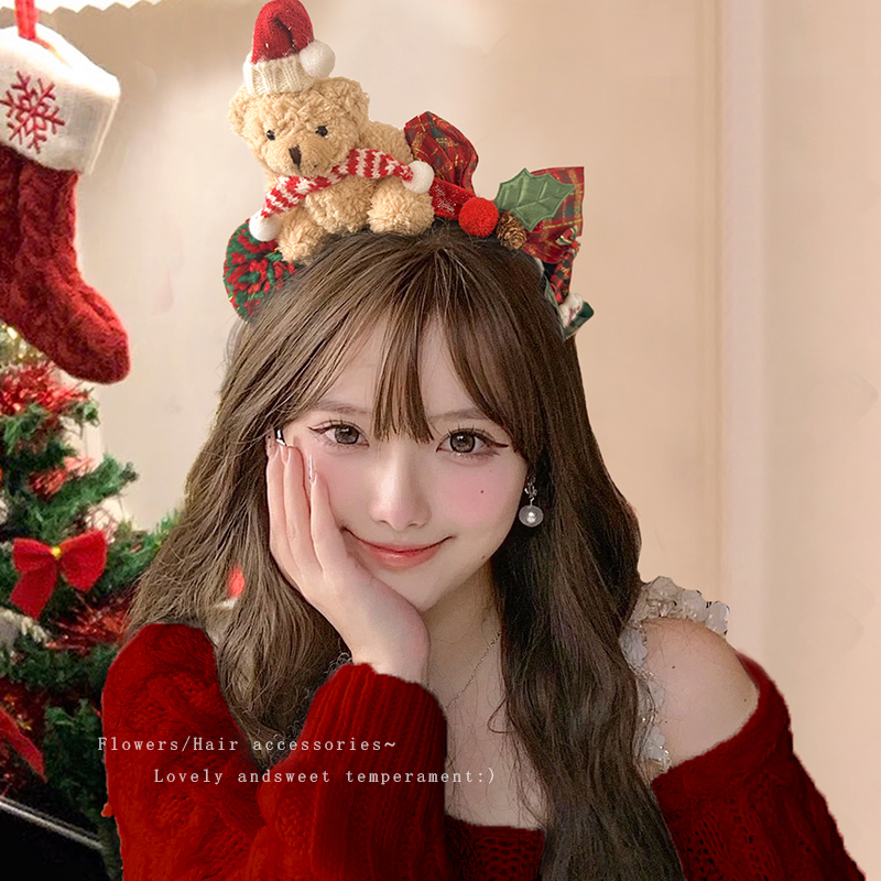 毛绒小熊发箍圣诞节头饰礼物女蝴蝶结发夹子发卡拍照道具发饰饰品