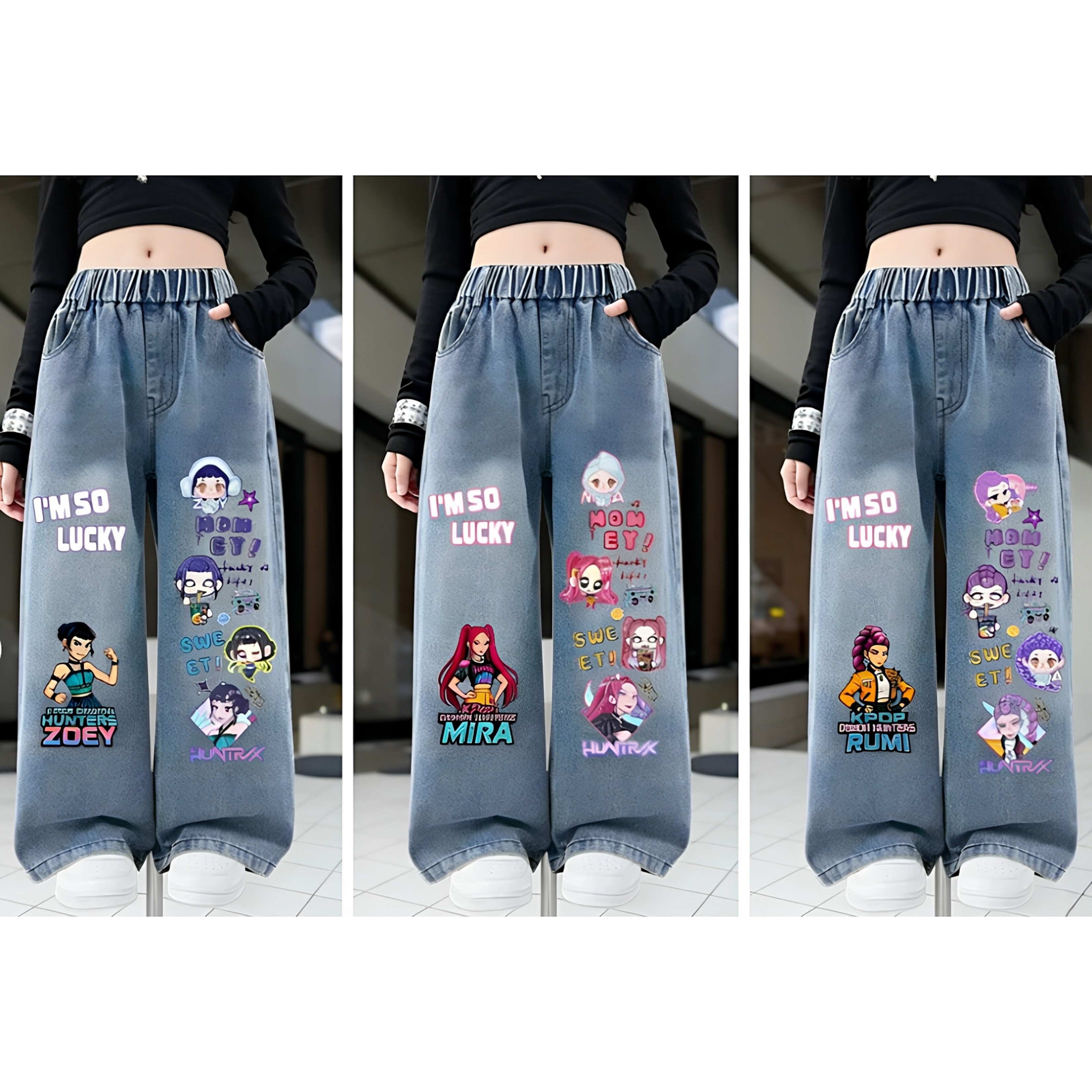 Kpop猎魔女团儿童牛仔裤女童春夏2026天丝直筒长裤女孩薄款阔裤子