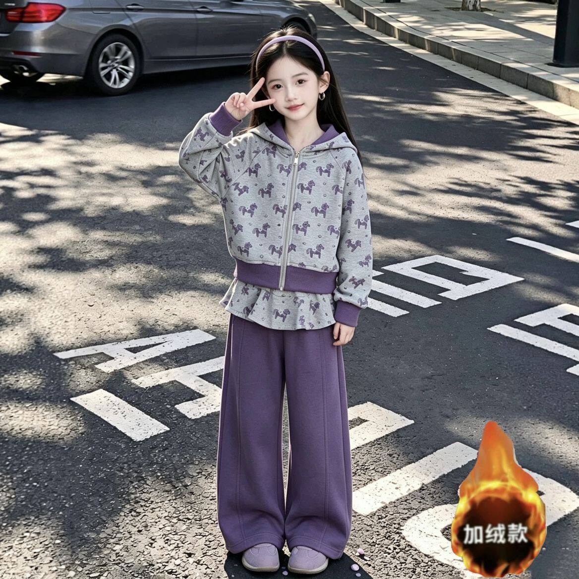 女童印花外套套装2026新款中大童秋冬季运动连帽卫衣屁帘裤两件套