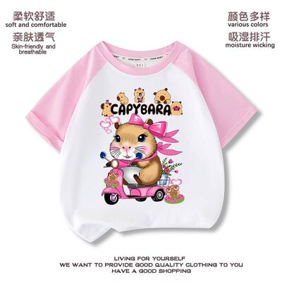 夏装卡皮巴拉男女童纯棉短袖衫卡通纯棉T恤洋气潮流上衣capybara