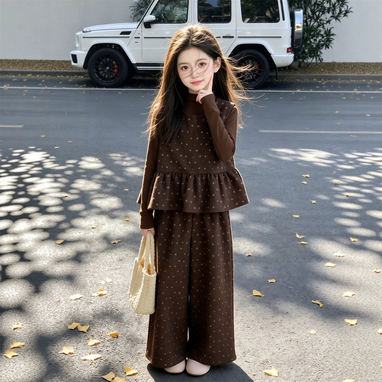 女童早秋休闲套装韩系时尚穿搭甜美碎花背心长袖打底衫长裤三件套