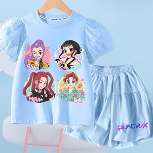 休闲套装 猎魔女团可爱时尚 短裙裤 短袖 潮 春夏小中大女童梦幻纱网袖