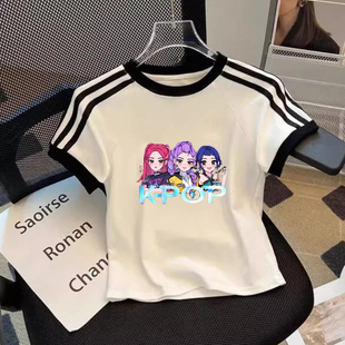 KPOP猎魔女40支纯棉女童短款短袖T恤夏季新款三条杠洋气休闲上衣