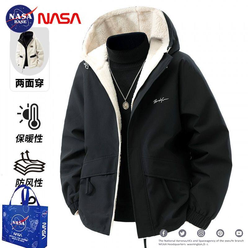 NASA羊羔绒冲锋衣棉服男冬季双面穿加绒加厚连帽保暖情侣外套棉衣