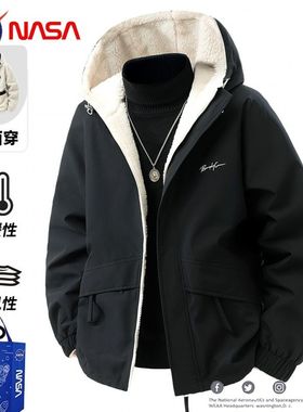 NASA羊羔绒冲锋衣棉服男冬季双面穿加绒加厚连帽保暖情侣外套棉衣