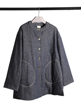 亚麻棉夹棉立领宽松中长棉服女