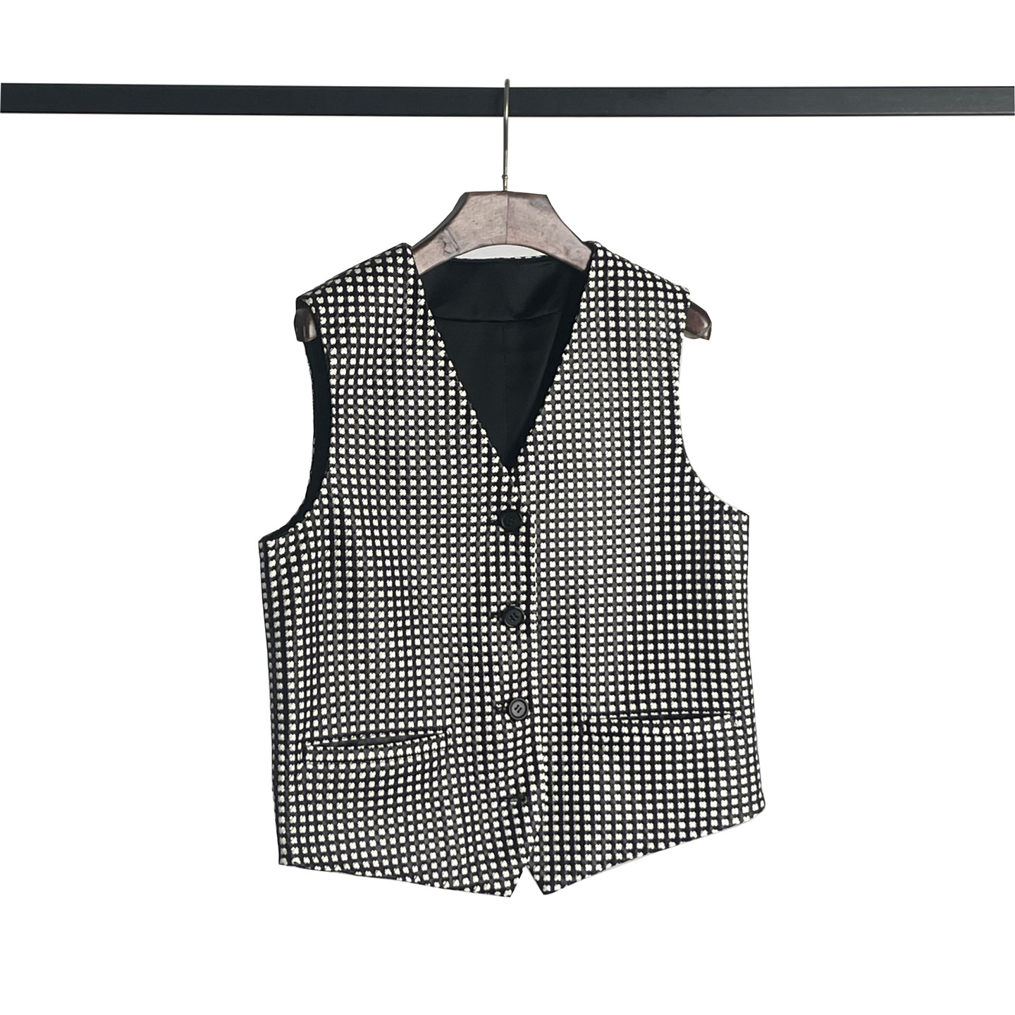 复古格纹V领无袖马甲背心