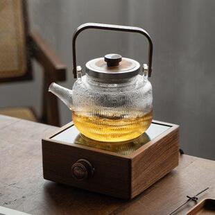家用电陶炉小型专用煮茶炉玻璃温茶壶茶水分离器套装 黑胡桃木日式
