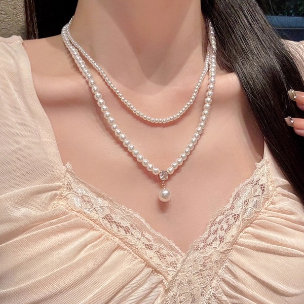 法式复古玻璃珍珠双层项链女配饰小米珠甜美轻奢小众锁骨链choker