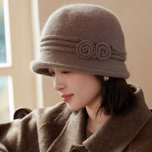 帽子女新款冬天妈妈时尚洋气兔毛渔夫盆帽中老年人优雅保暖毛线帽