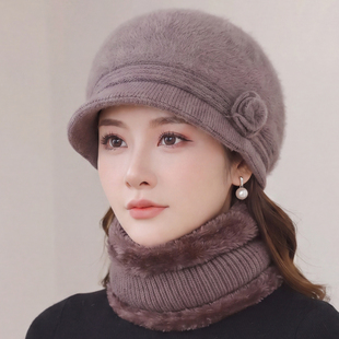 老年人兔毛毛线帽子女士中年妈妈奶奶老太太冬季加厚保暖针织棉帽