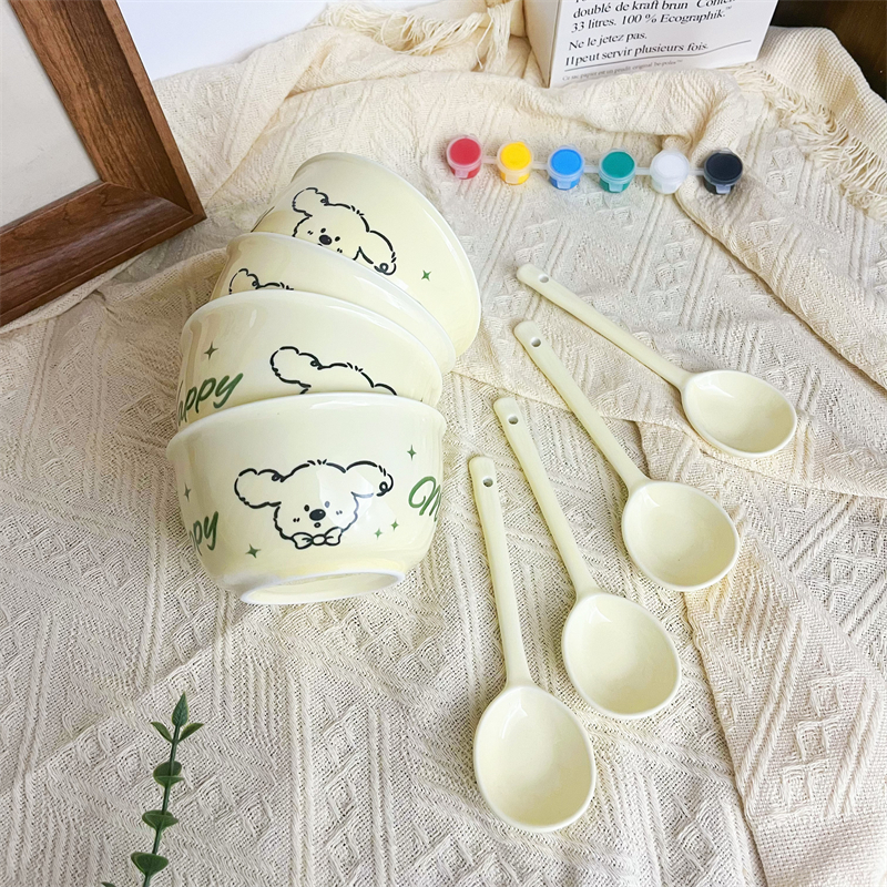 奶油修狗碗家用高颜值可爱好看陶瓷饭碗釉下彩餐具学生宿舍ins风