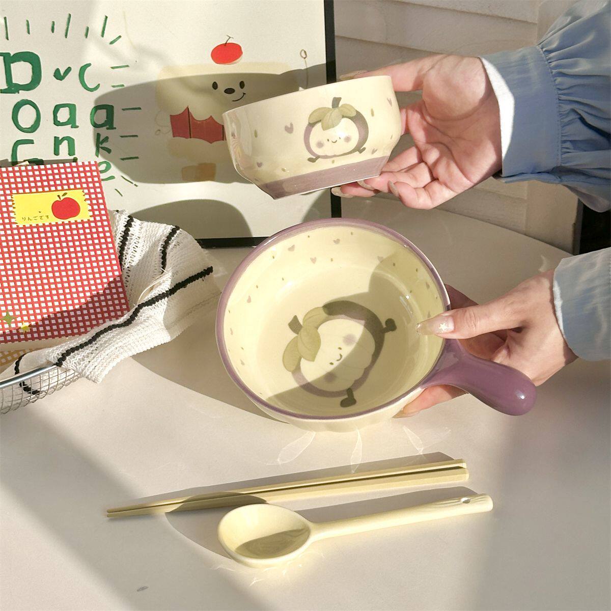 可爱卡通山竹手柄碗陶瓷一人食餐具套装儿童学生宿舍手把饭碗ins