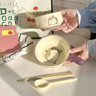 可爱卡通山竹手柄碗陶瓷一人食餐具套装儿童学生宿舍手把饭碗ins
