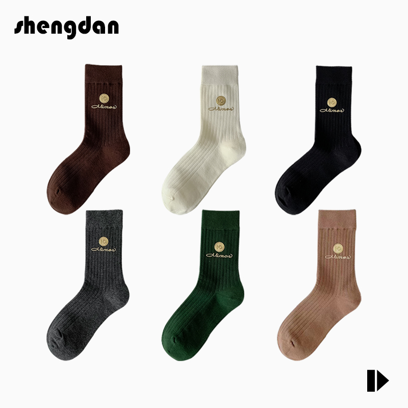 生旦工装袜子女中筒北欧风烫印标签双针休闲美式复古网红百搭新款