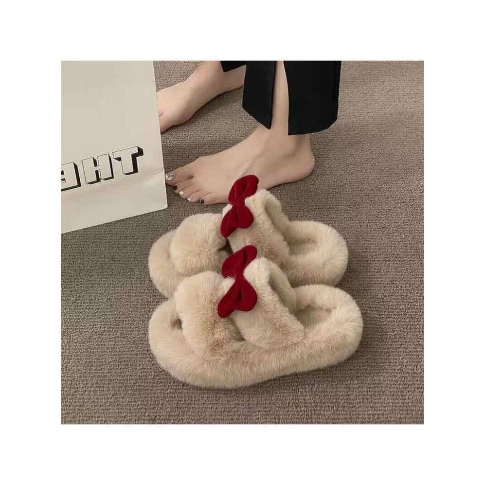 毛毛鞋兔子棉拖鞋女生外穿秋冬厚底时尚高级感软底轻奢一字拖可爱