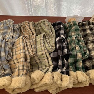 高腰直筒休闲家居裤 子女秋冬百搭拖地裤 加绒加厚羊羔绒格子裤 爆款