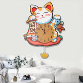 钟表挂钟客厅家用表招财猫创意时钟挂墙装 饰画静音挂表摇摆石英钟