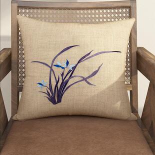 抱枕黄麻兰花竹子刺绣宋式美学中式禅意靠枕靠背垫子沙发茶椅靠垫