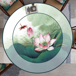 名画荷花圆桌桌布桌垫PVC皮革防水防油防滑免洗餐桌茶几垫 新中式