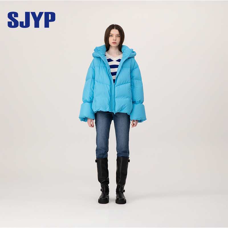 SJYP韩国小众设计感棉服时尚休闲短款连帽大鹅绒羽绒服外套女