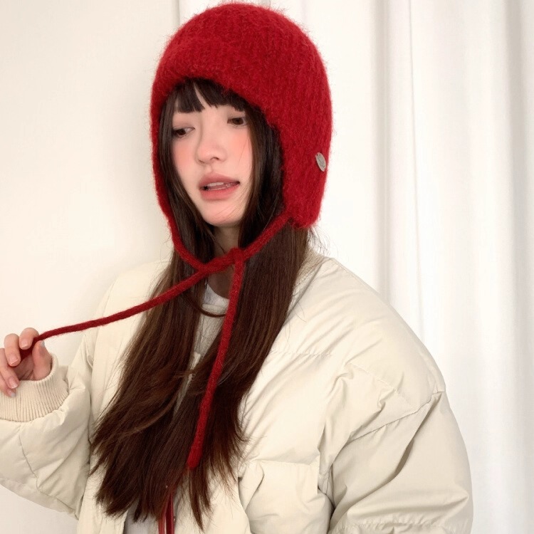 圣诞新年红色针织护耳帽子女款秋冬季显脸小包头飞行帽可爱雷锋帽