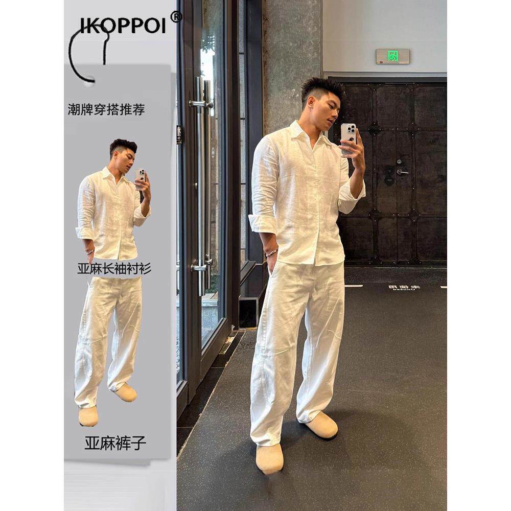 高端男士老钱风亚麻休闲运动套装2025春秋棉麻衬衫弯刀裤子一整套