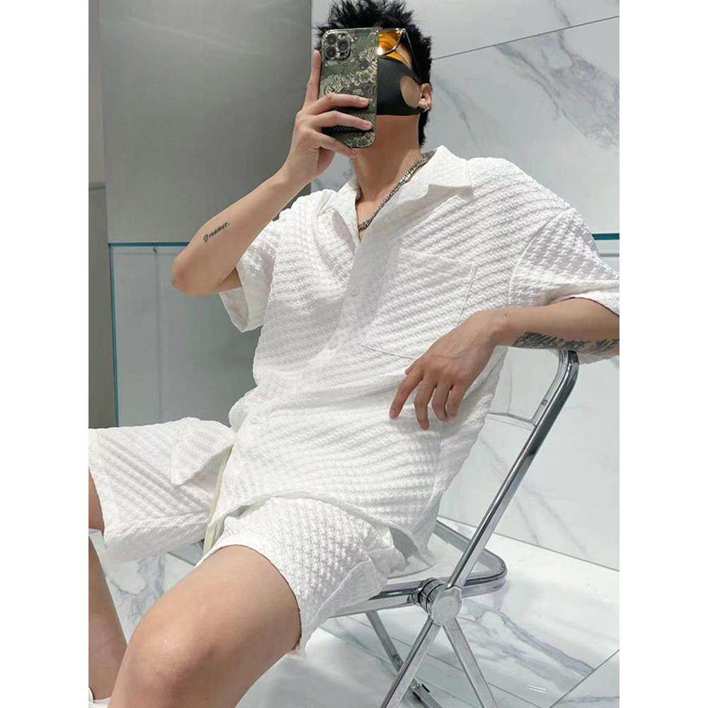 休闲西装男士夏季薄设计格纹短袖衬衫短裤运动宽松和英俊的两件套