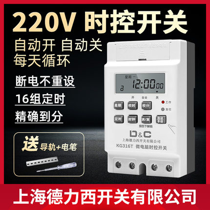 上海德力西开关大功率时控开关220V电动车充电路灯定时器开关家用