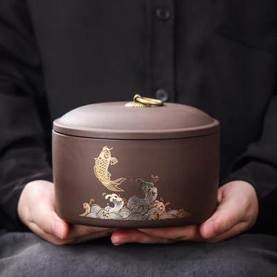 新款紫砂茶叶罐大号密封罐红茶普洱储茶盒容量约800ml可