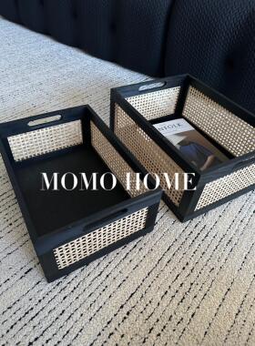 MOMO 日式实木收纳筐黑色方形收纳盒家居化妆品 零食杂物收纳