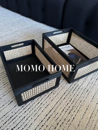 MOMO 日式实木收纳筐黑色方形收纳盒家居化妆品 零食杂物收纳