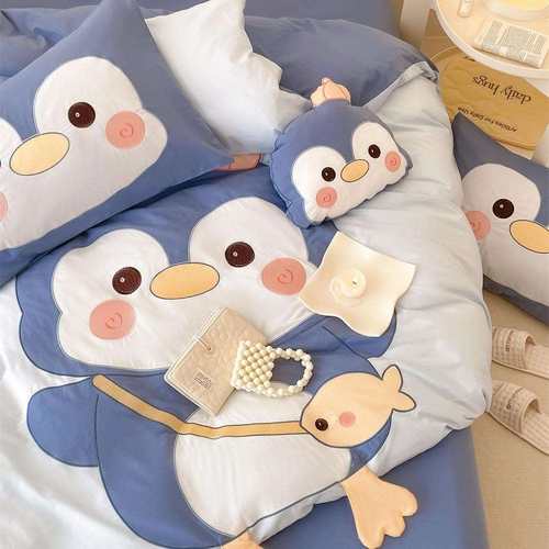 可爱卡通企鹅贴布刺绣水洗棉四件套儿童被套床单单人宿舍床品