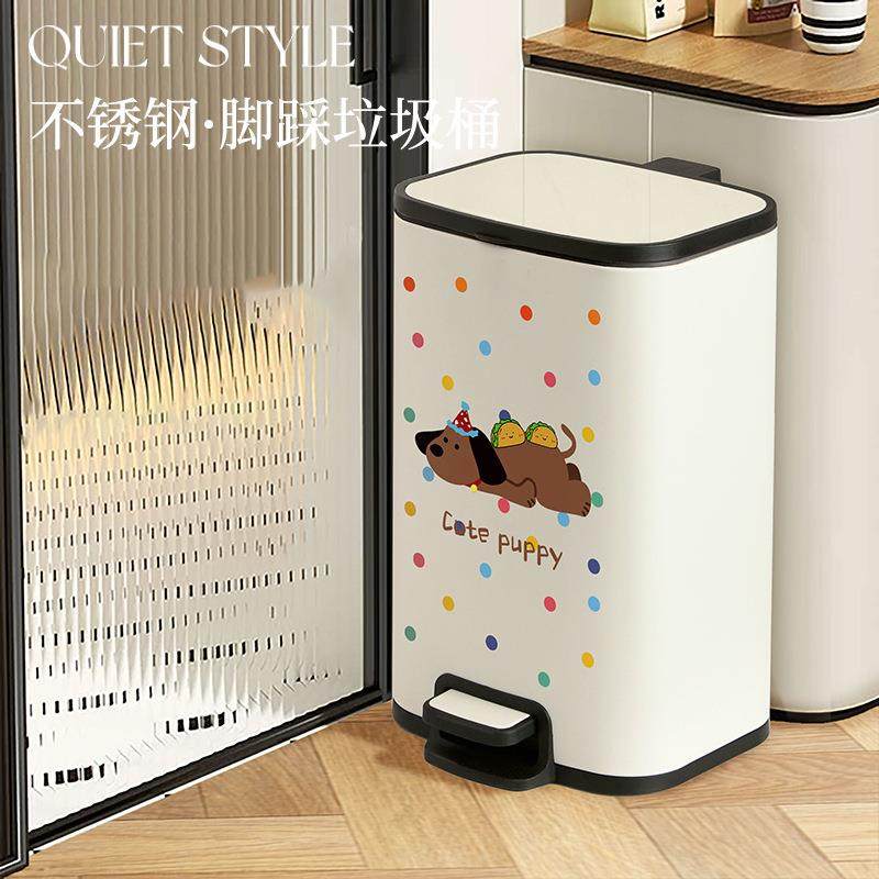 2025新款带盖不锈钢垃圾桶可爱卡通家用厨房卫生间卧室脚踩大容量
