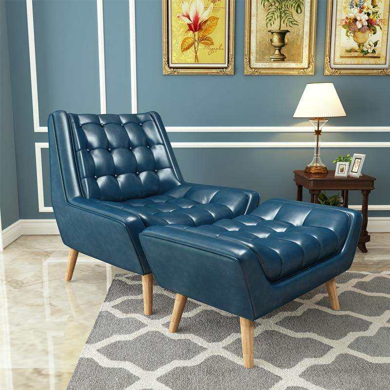 美式单人沙发椅现代简约客厅实木脚休闲椅阳台布艺拉扣懒人躺椅子